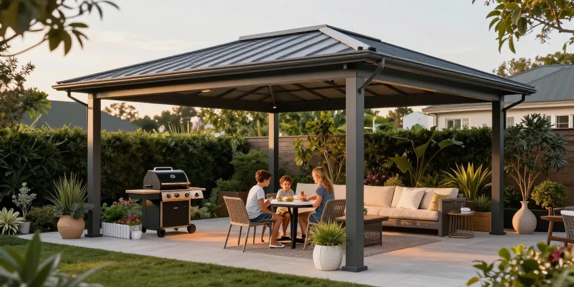 Terrassenüberdachungen im Einsatz, Familie genießt den sonnigen Tag auf der Terrasse mit modernem Mobiliar und Grill.