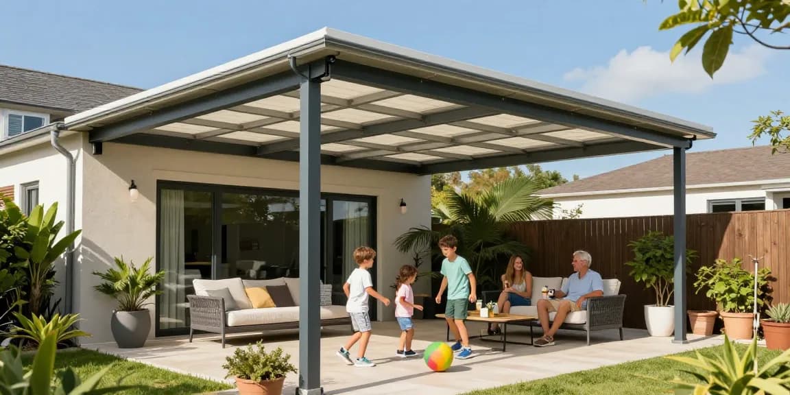 Familie genießt Zeit unter der freistehenden Terrassenüberdachung mit Pflanzen und Möbeln im Hintergrund.