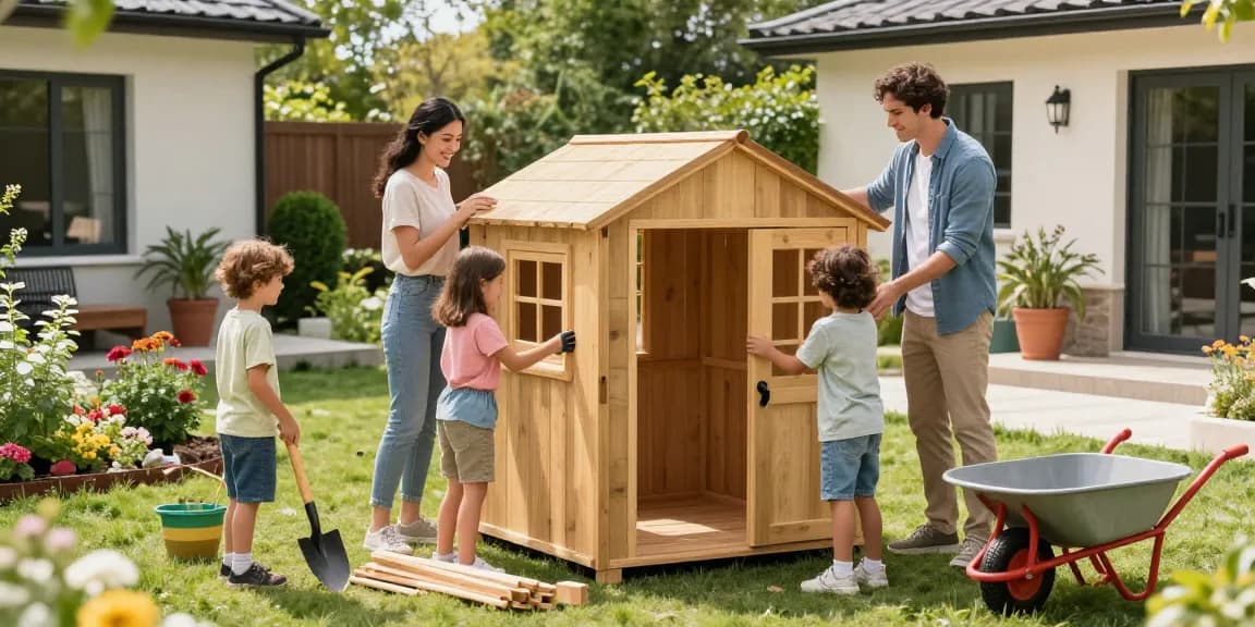 Familie beim Aufbau eines Gartenhauses im sonnigen Garten, mit Gartenwerkzeugen und bunten Pflanzen.